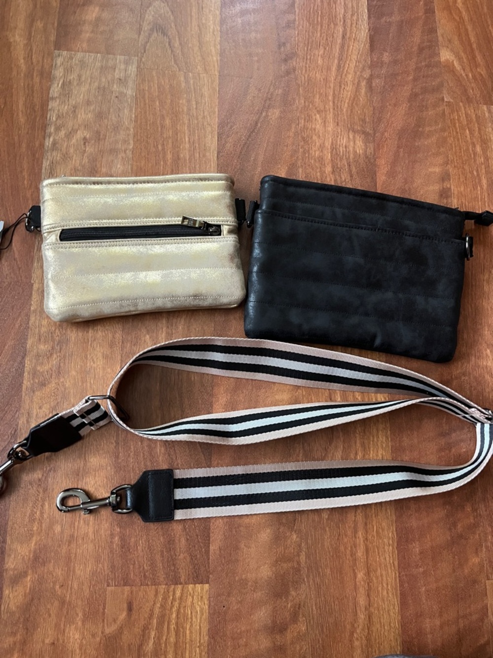 New Think Royln Gold and Black Crossbody Bag with Striped Guitar Strap - Picture 12 of 16